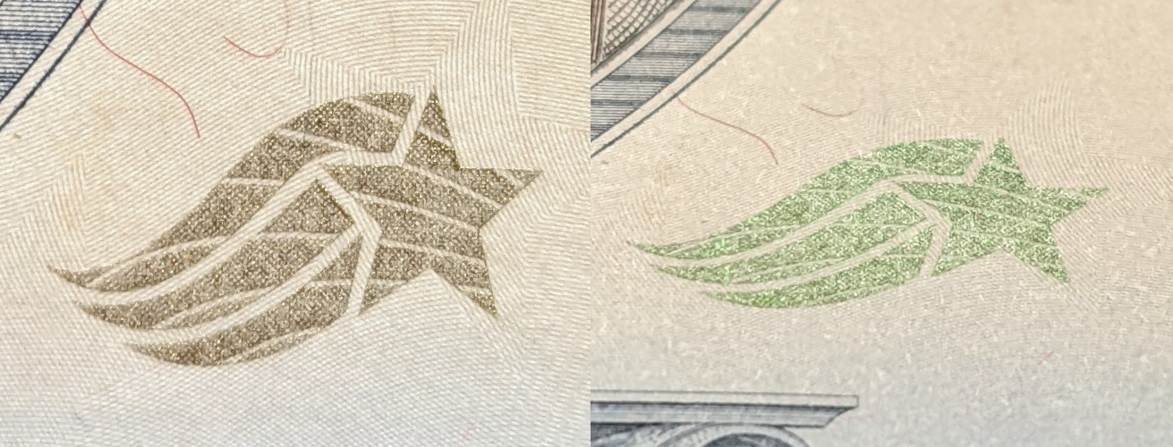 Side-by-side comparison of a gold-colored flourish and a green flourish.