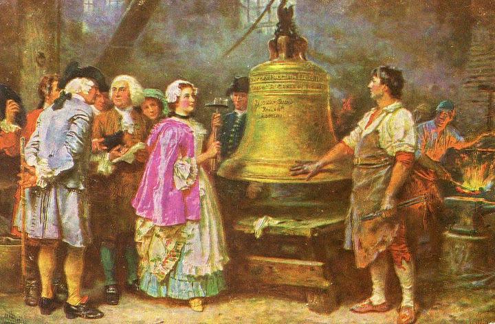 Painting showing the Liberty Bell in a foundry surrounded by people in 18th century dress and a woman holding a hammer.